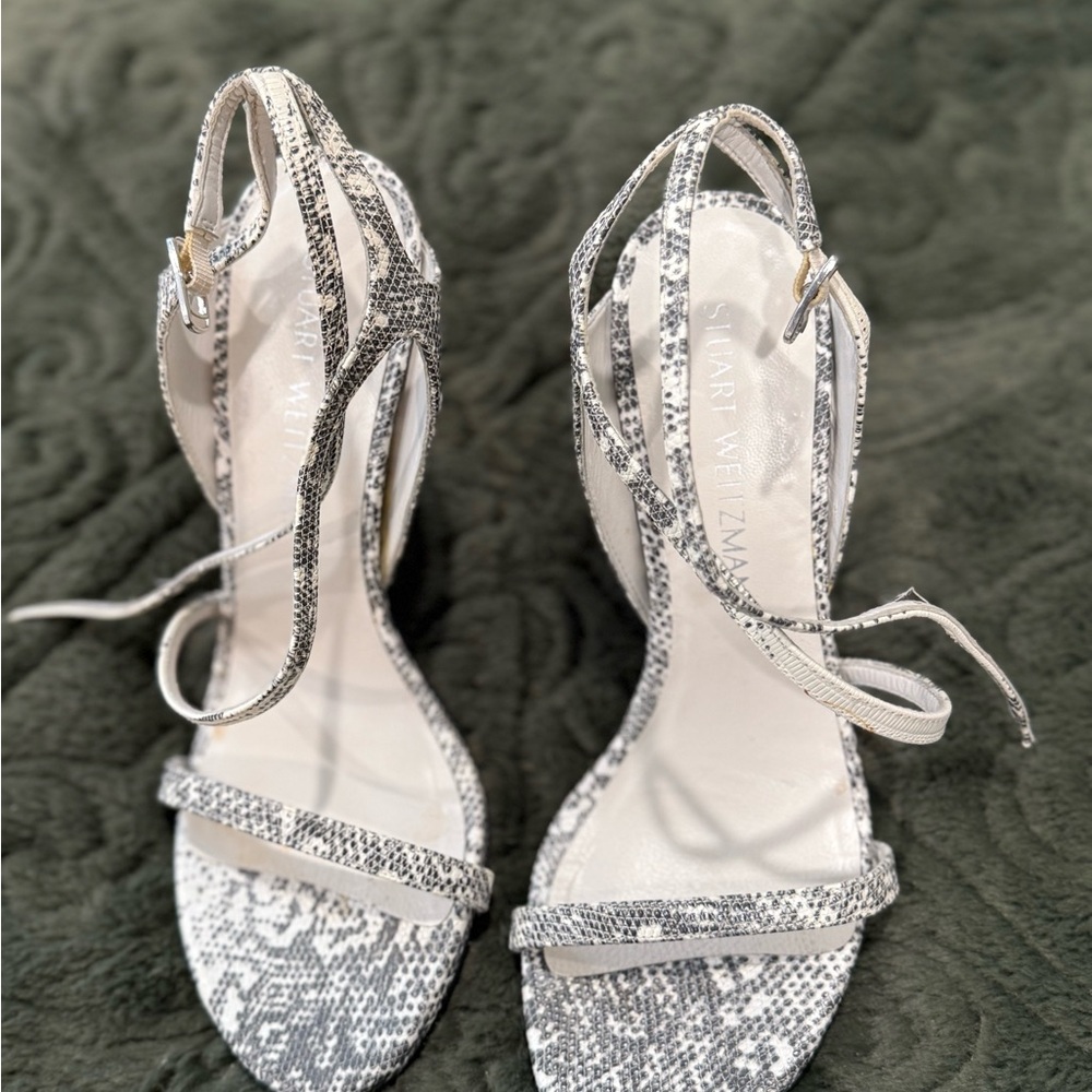 Stuart Weitzman Snakeskin Strappy Heels - Black and White